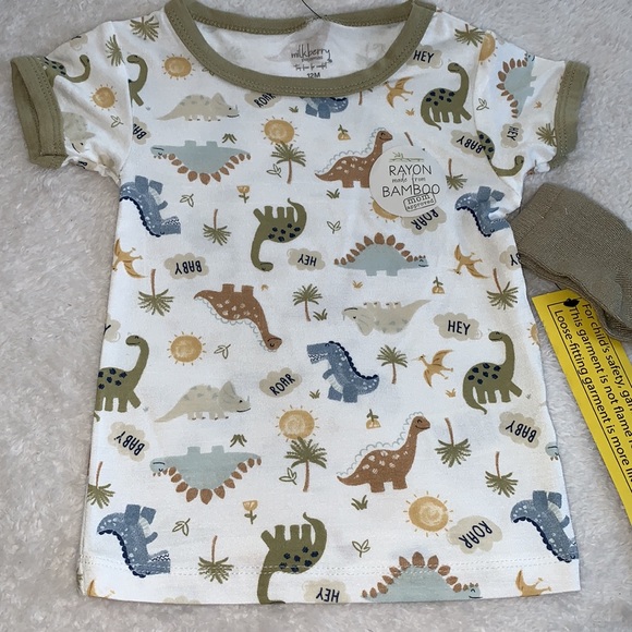 NWT Milkberry 12M Dinosaur Print 3pc. Pajama Set Green/Brown Bamboo PJs - Picture 3 of 8